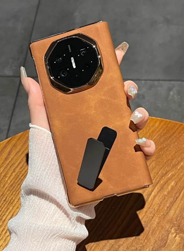 Applicable To Huawei Mate XT Extraordinary Master Mobile Phone Case Three Folding Screen Lambskin Business Smart Window Flip Leather Case Rotating Bracket - Brown - Image 3