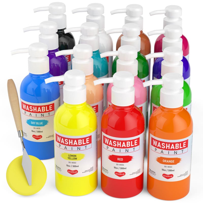 Smallbudi 15 Colors Large Washable Paint Set for Kid, 10oz/300 ml Bottle with Pump, Bulk Paint Supplies Non Toxic Children Tempera Paint for Art, Craft, DIY, Finger Paint, School, Home, Classroom - Image 1
