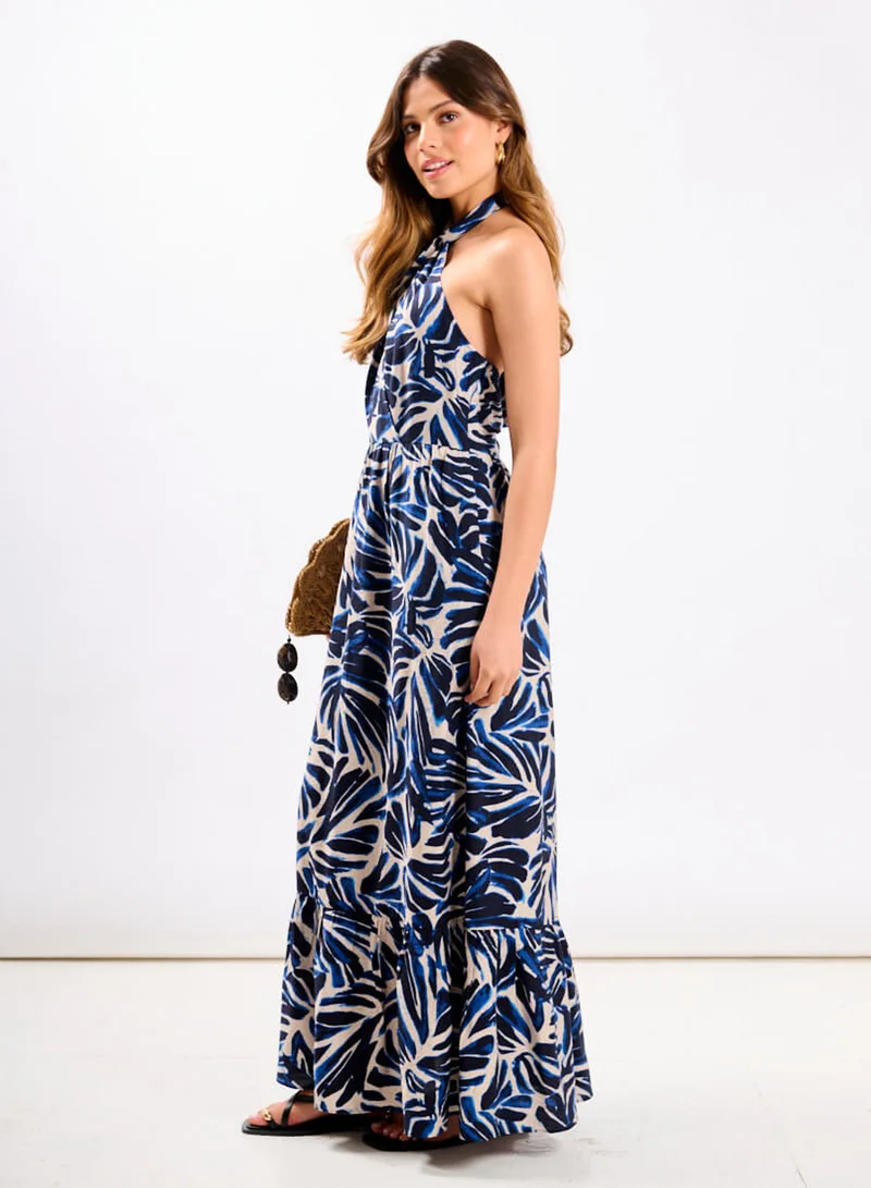 Needs No Label  Navy Leaf Halter Maxi Dress for Women | Best Price UAE