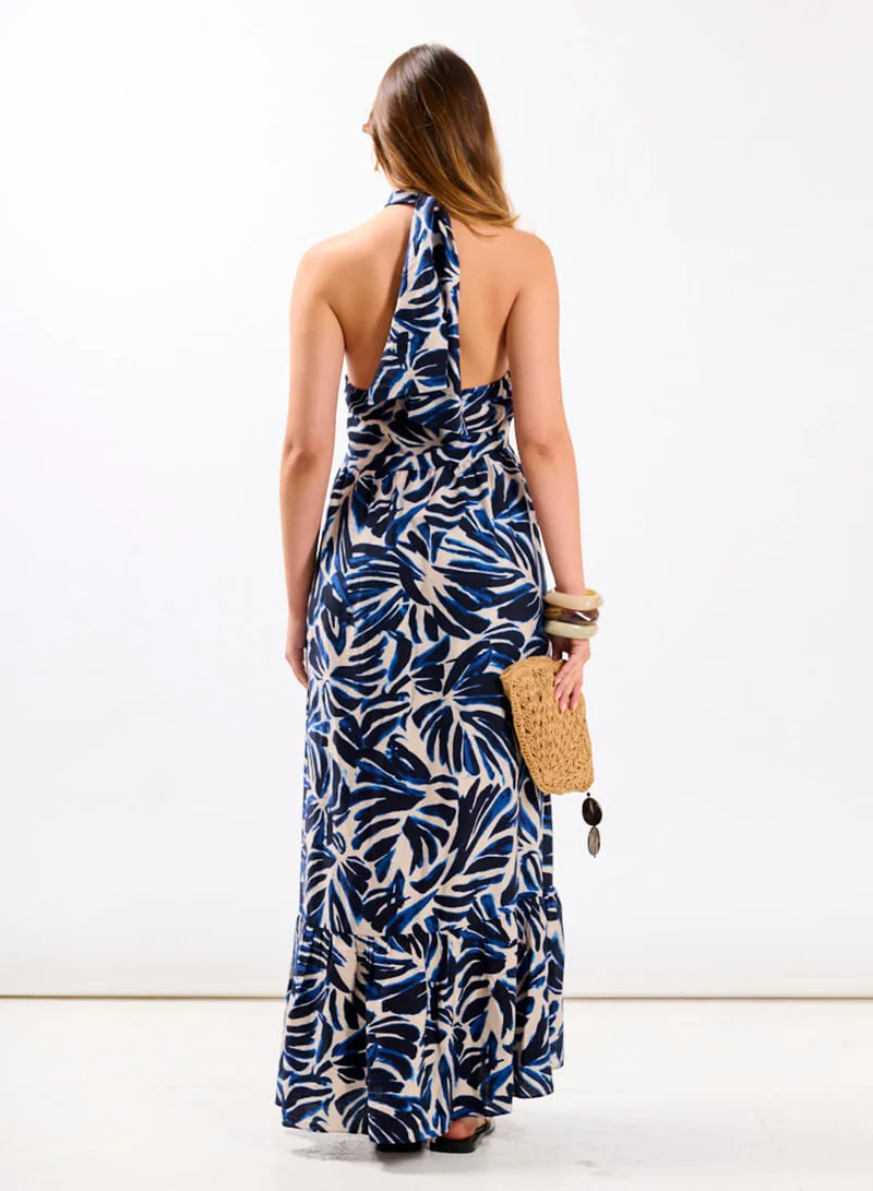 Needs No Label  Navy Leaf Halter Maxi Dress for Women | Best Price UAE