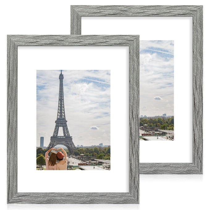 11X14 PICTURE FRAME SET OF 2 MADE OF GLASS AND RUSTIC GREY WOODEN FRAME DISPLAY 8X10 PICTURES WITH MAT OR 11 X 14 POSTERS WITHOUT MAT FOR WALL MOUNTING GALLERY PHOTO FRAMES