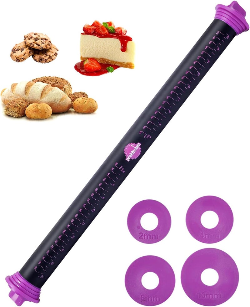 PROKITCHEN Silicone Rolling Pin with Thickness Rings, Adjustable Designs for Fondant, Cookie Decorating, Pasta, Pizza, 23.6 inch Purple Large Long Pin - Image 1