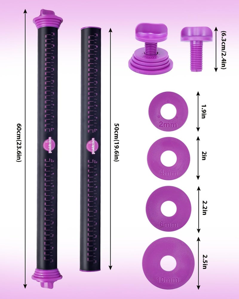 PROKITCHEN Silicone Rolling Pin with Thickness Rings, Adjustable Designs for Fondant, Cookie Decorating, Pasta, Pizza, 23.6 inch Purple Large Long Pin - Image 4