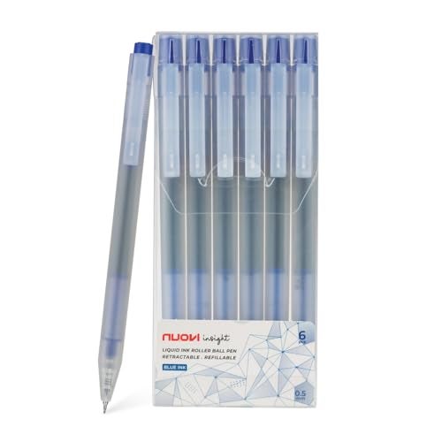 NUOVI Insight Retractable Rollerball Pens | 0.5mm Micro Tip with Glass Body Design | Quick-Drying, Smudge-Free Ink for Smooth Ink flow | Ideal for Office, School & Journaling (Blue Ink, Pack of 6) - Image 1