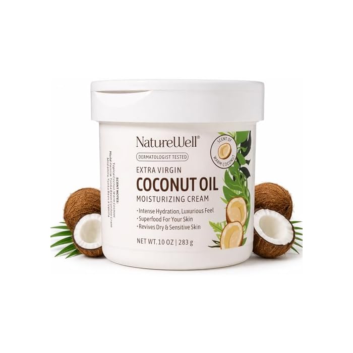 NATURE WELL Coconut Oil Moisturizing Cream for Dry Skin – Deep Hydration Lotion for Face, Body & Hands, Spa Quality Skincare, Softens & Smooths, Non-Greasy, Fast Absorbing, Scented (10 Ounce)