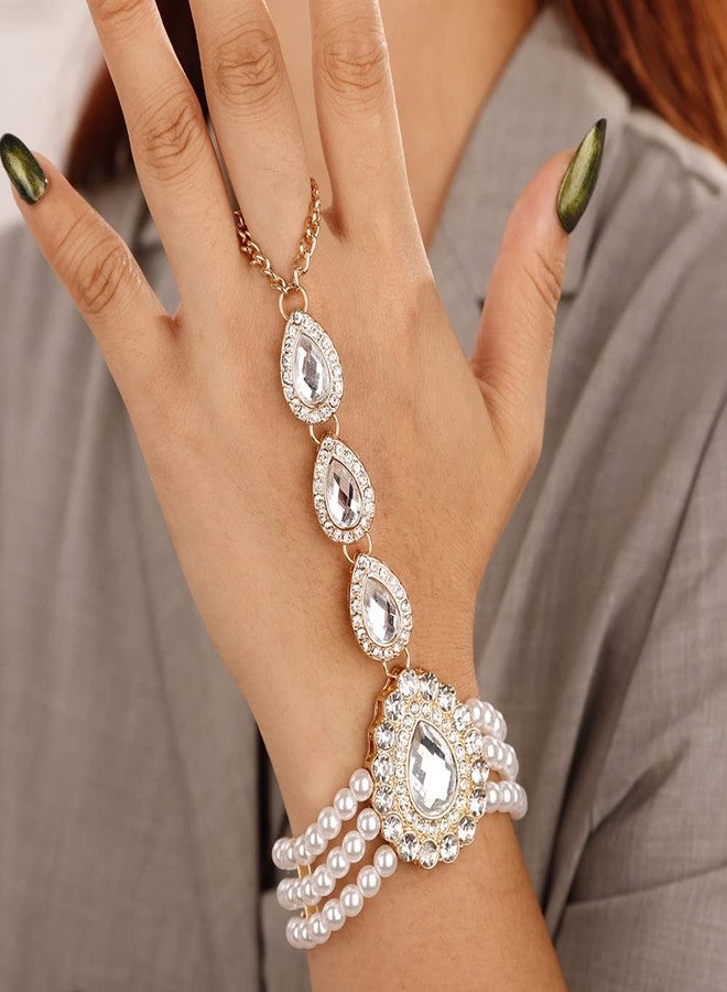 Xerling Pearl Finger Ring Bracelets Layered Hand Chain for Women Hand Harness Boho Slave Bracelets Crystal Rhinestone Hand Bracelets for Women - Image 2