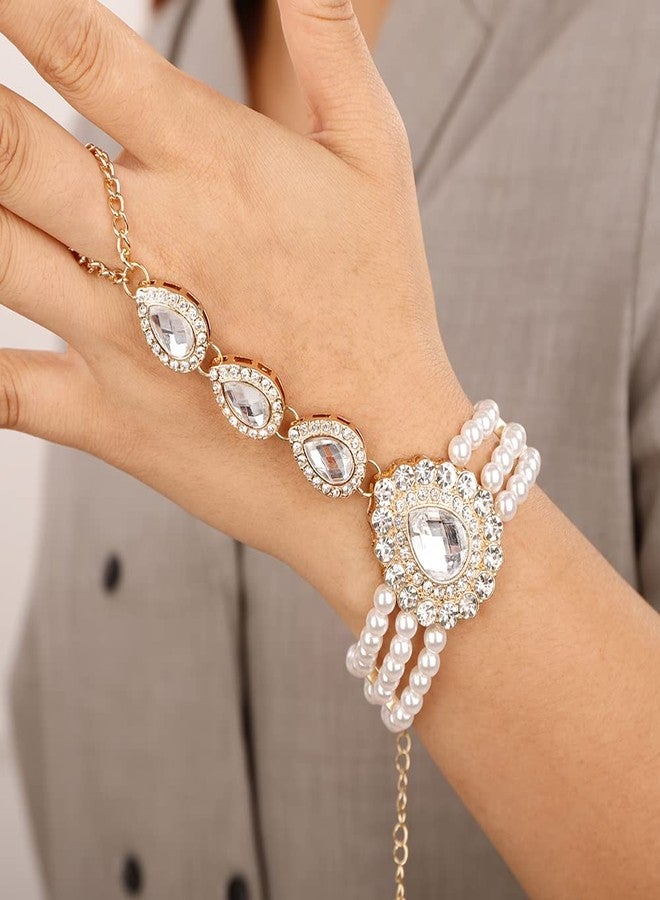 Xerling Pearl Finger Ring Bracelets Layered Hand Chain for Women Hand Harness Boho Slave Bracelets Crystal Rhinestone Hand Bracelets for Women - Image 3