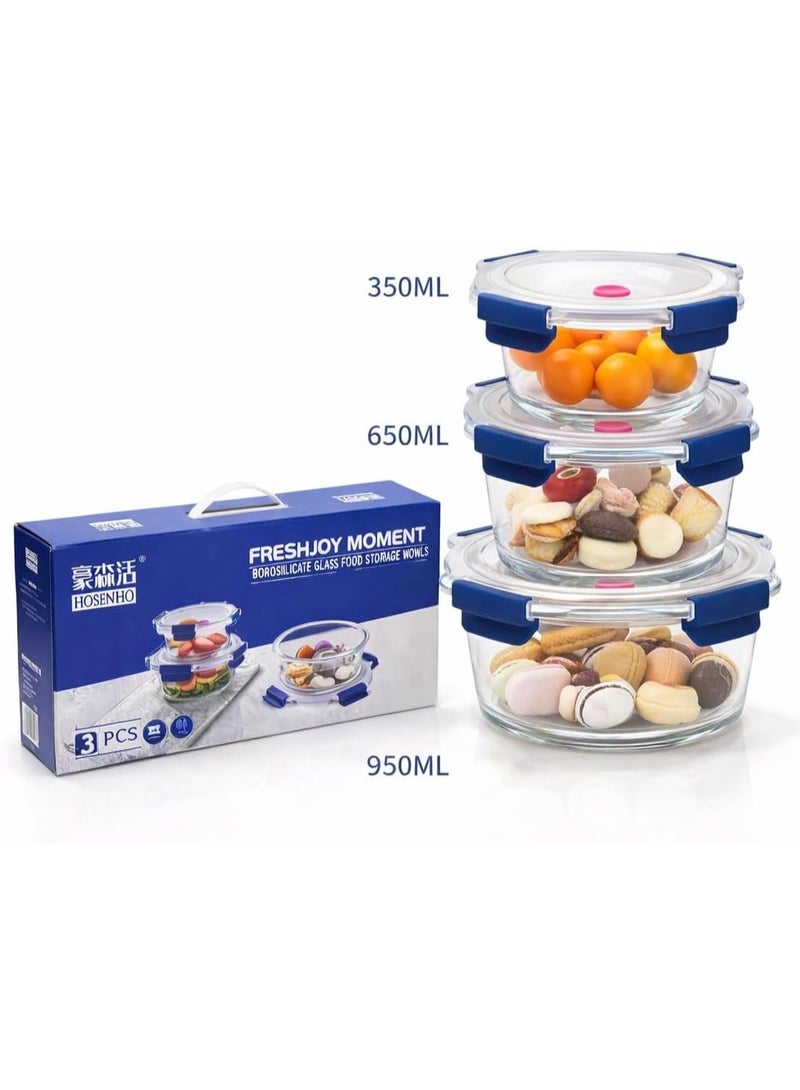 مجموعة من 3 أوعية تخزين طعام زجاجية فاخرة من البوروسيليكات مع أغطية محكمة الإغلاق، آمنة للاستخدام في الميكروويف وغسالة الصحون، حاويات مطبخ لتحضير الوجبات (3، دائرية) - Image 3