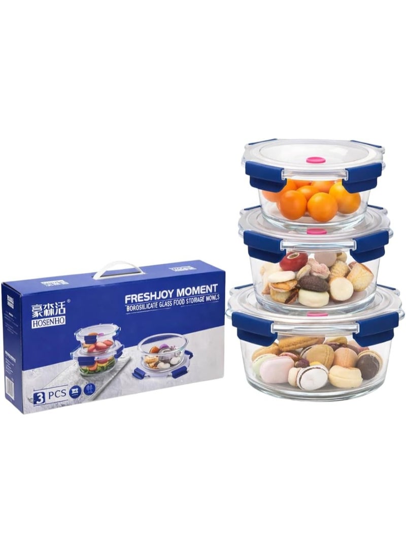 مجموعة من 3 أوعية تخزين طعام زجاجية فاخرة من البوروسيليكات مع أغطية محكمة الإغلاق، آمنة للاستخدام في الميكروويف وغسالة الصحون، حاويات مطبخ لتحضير الوجبات (3، دائرية) - Image 1