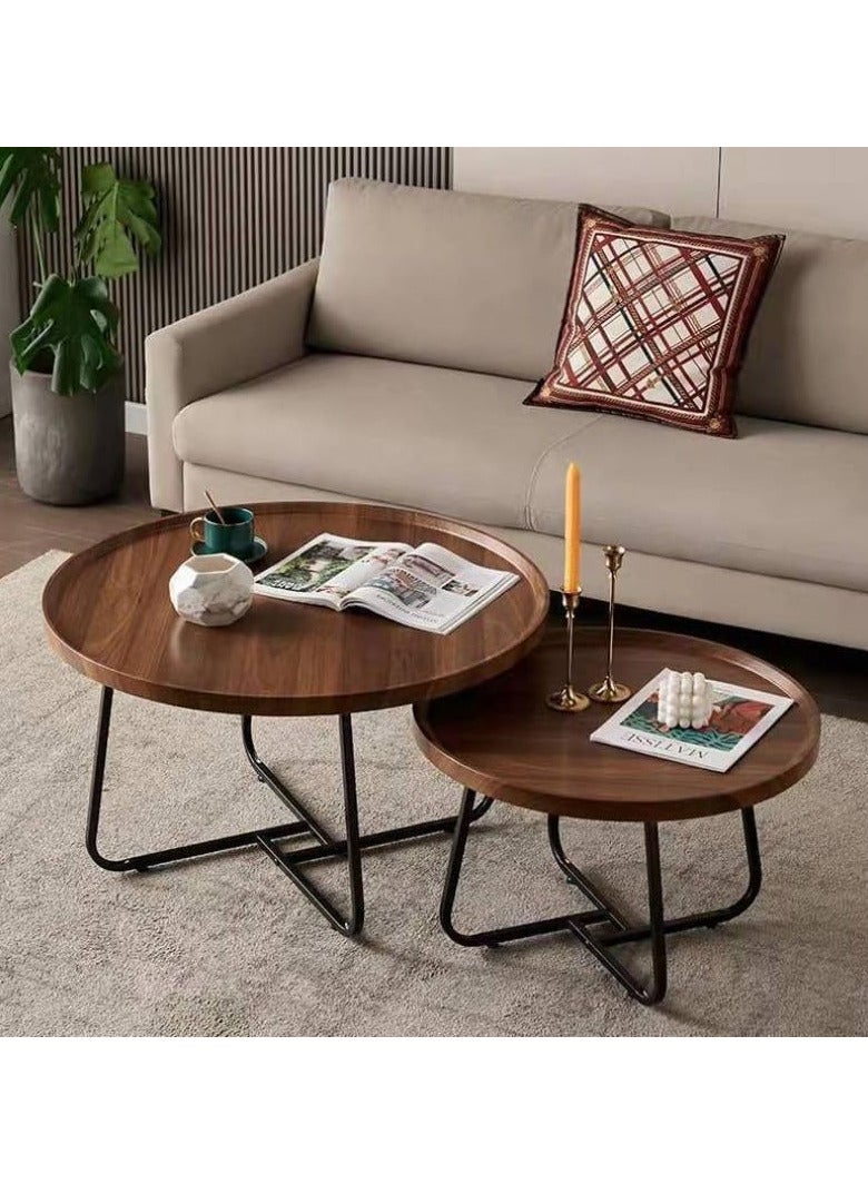 AUTOYSUR Round Coffee Table Set of 2, Side Tables Set, Wood Coffee Table for Living Room, Bedroom, Office, Modern End Tables for Dormitory Small Household Office Balcony (Walnut) - Image 1