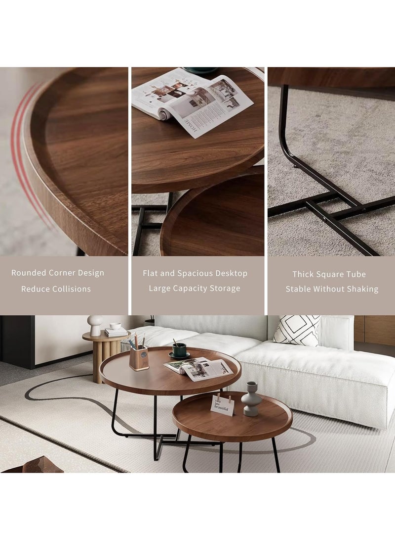 AUTOYSUR Round Coffee Table Set of 2, Side Tables Set, Wood Coffee Table for Living Room, Bedroom, Office, Modern End Tables for Dormitory Small Household Office Balcony (Walnut) - Image 3