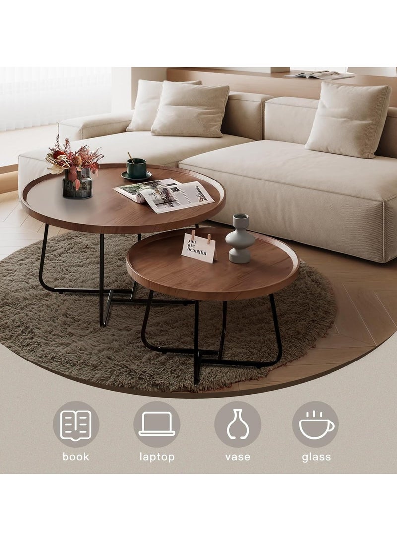 AUTOYSUR Round Coffee Table Set of 2, Side Tables Set, Wood Coffee Table for Living Room, Bedroom, Office, Modern End Tables for Dormitory Small Household Office Balcony (Walnut) - Image 4