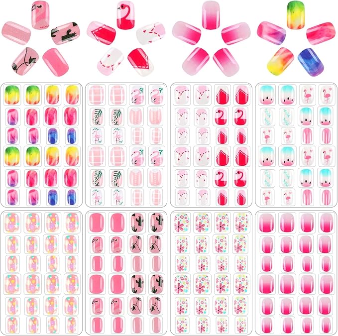 JANYUN JANYUN 192Pcs Fake Press on Nails for Kids Preglue Full Cover Short False Nail Tips Stick on Nails for Kids Children Lovely Gift Girls Nail Art Decoration - Image 1