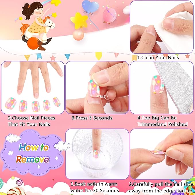 JANYUN JANYUN 192Pcs Fake Press on Nails for Kids Preglue Full Cover Short False Nail Tips Stick on Nails for Kids Children Lovely Gift Girls Nail Art Decoration - Image 4