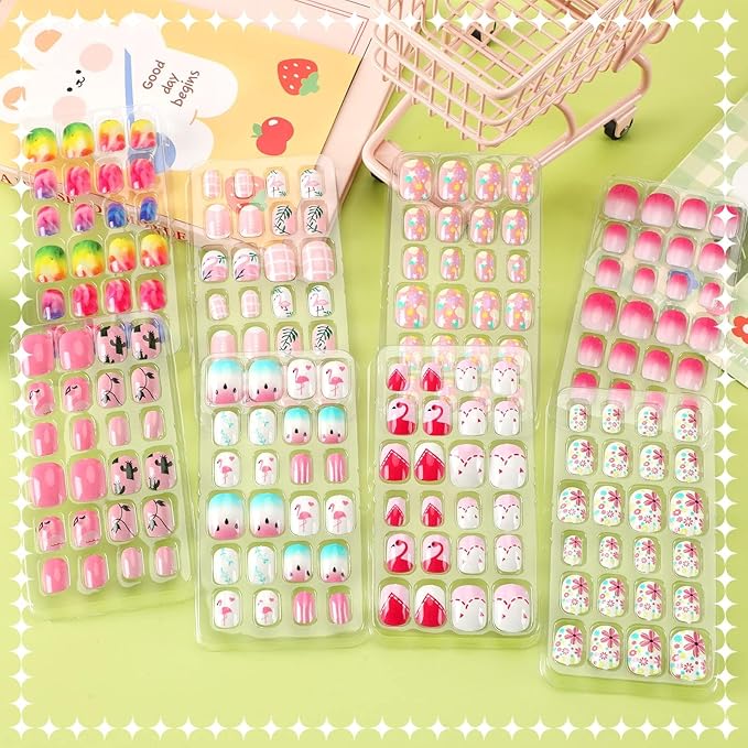 JANYUN JANYUN 192Pcs Fake Press on Nails for Kids Preglue Full Cover Short False Nail Tips Stick on Nails for Kids Children Lovely Gift Girls Nail Art Decoration - Image 5