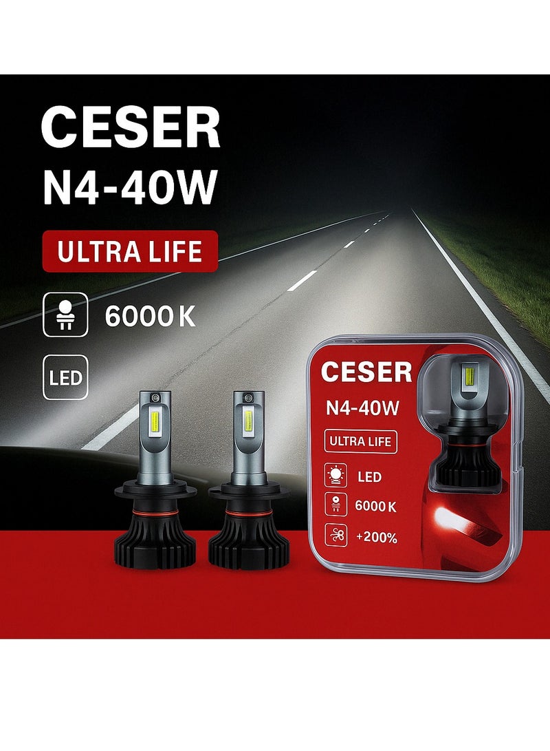 طقم لمبات ليد أمامية للسيارات موديل H3 من CESER - إضاءة فائقة السطوع تصل إلى 6000 كلفن مع شريحة نحاسية للتبريد، عمر طويل، قوة إضافية (40 وات) - Image 1