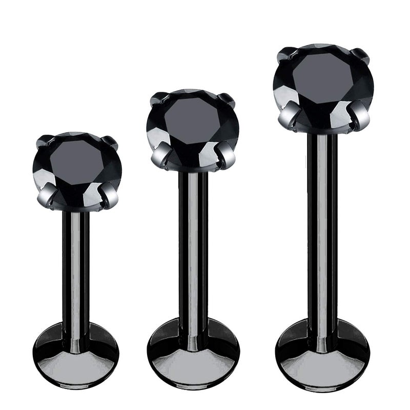 BodyJ4You 3PC Labret Tragus Cartilage 16G Studs - Internally Threaded Black Surgical Steel Blank - Helix Lip Monroe Medusa Conch - Shiny CZ Crystal - Versatile Body Piercing Jewelry - Image 1