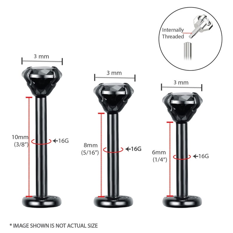 BodyJ4You 3PC Labret Tragus Cartilage 16G Studs - Internally Threaded Black Surgical Steel Blank - Helix Lip Monroe Medusa Conch - Shiny CZ Crystal - Versatile Body Piercing Jewelry - Image 2