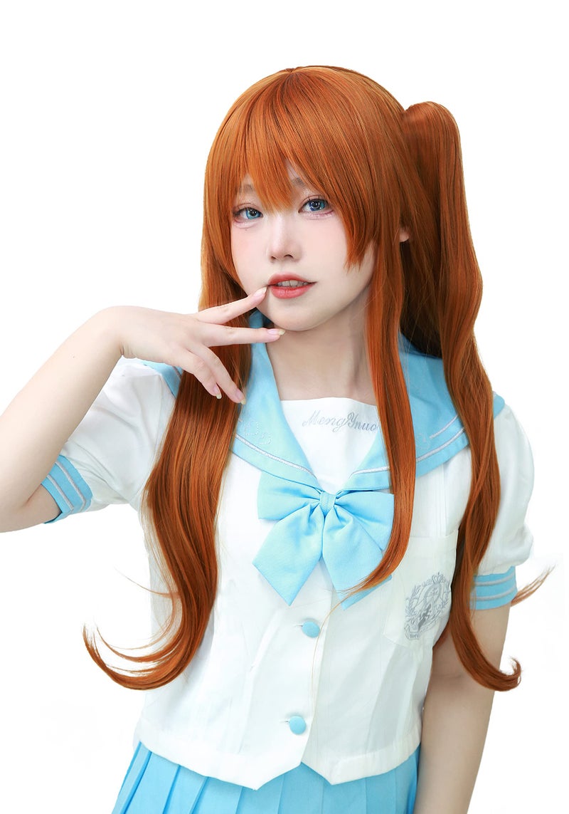 C-ZOFEK Womens Long Orange Cosplay Wig With 2 Detachable Ponytails Straight Hair Great Gift (Orange) - Image 2