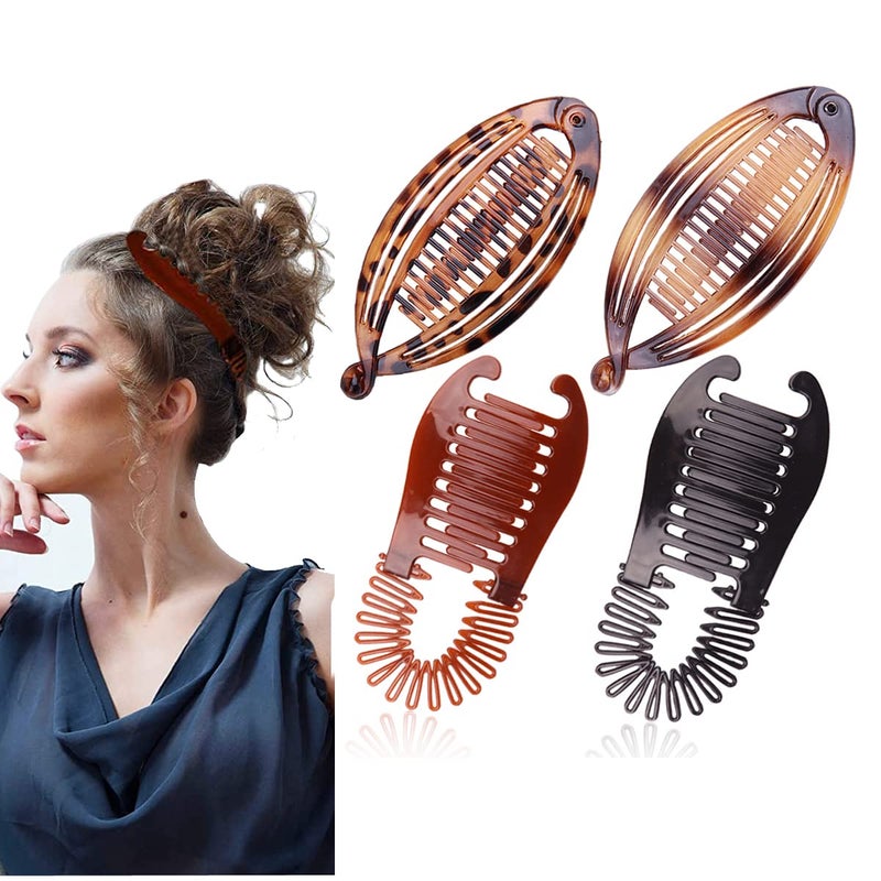 Vintage Fishtail Double Banana Hair Clips Set  4pcs Flexible Ponytail Holders and Combs for Thick Fine Curly Hair for Women and Girls