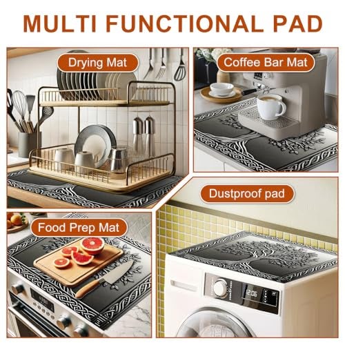HOMETITUTE Tree Stove Top Covers Pad 28 x 20 inches Silver Tree of Life Kitchen Decorations Dish Drying Mat Coffee Bar Mats Kitchen Decor Absorbent Pad Fit Coffee Maker Machine Dish Drying - Image 3
