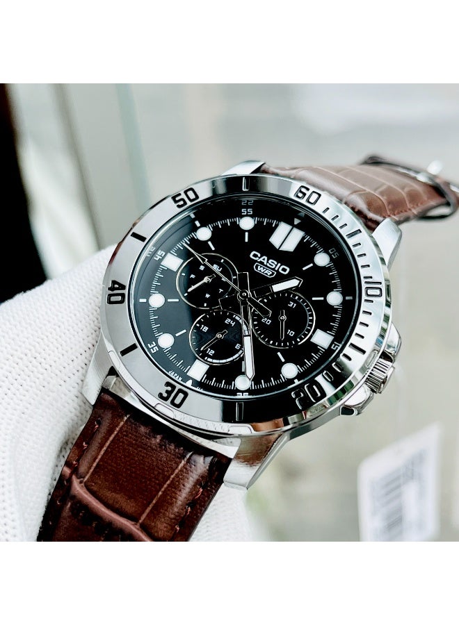 Casio MTP-VD300L-1EUDF Men’s Analog Leather Strap Watch – Black Dial, Multi-Function Subdials, Water Resistant - Image 2