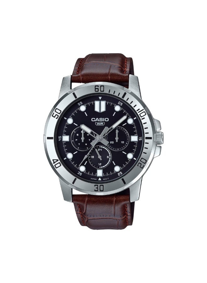 Casio MTP-VD300L-1EUDF Men’s Analog Leather Strap Watch – Black Dial, Multi-Function Subdials, Water Resistant - Image 1