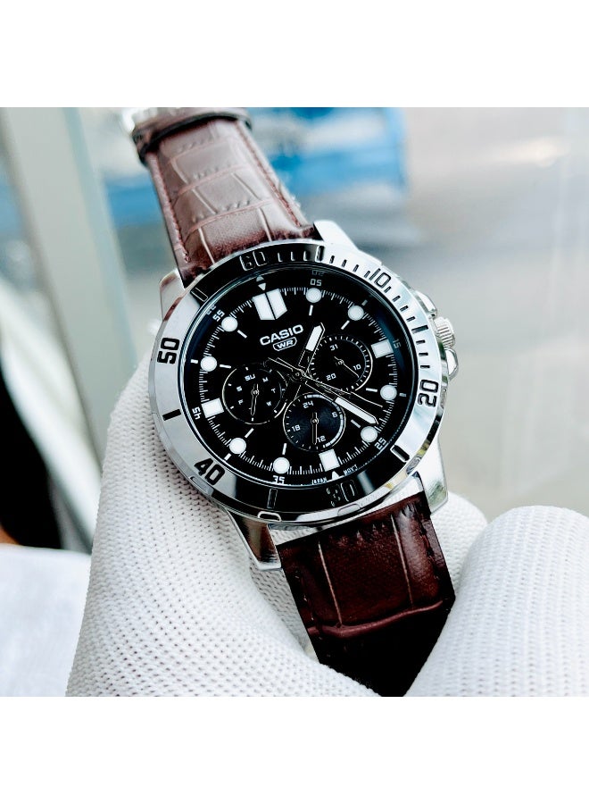Casio MTP-VD300L-1EUDF Men’s Analog Leather Strap Watch – Black Dial, Multi-Function Subdials, Water Resistant - Image 3