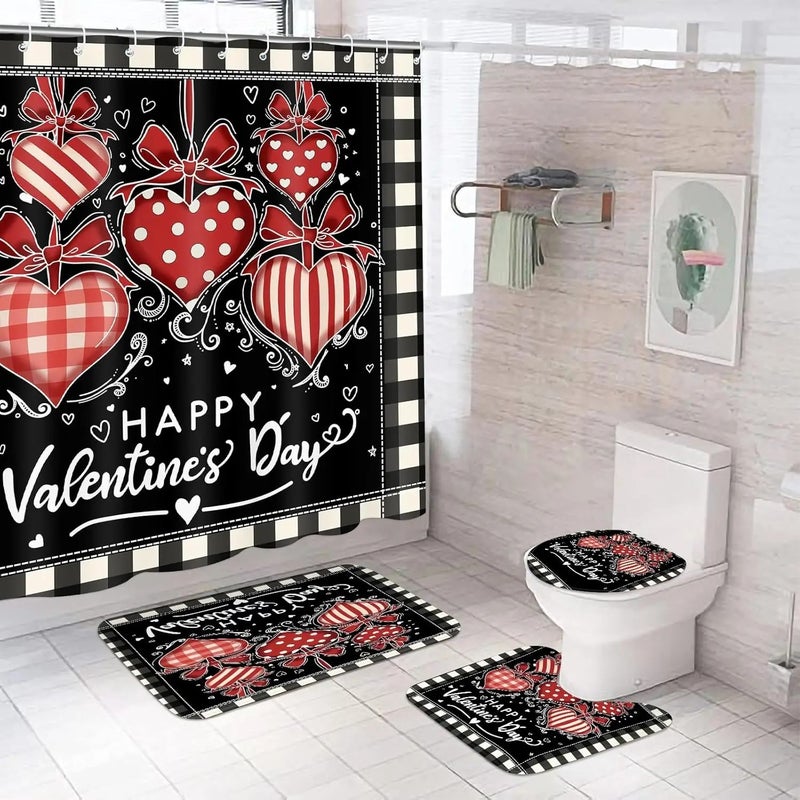 Y&D 4 Pcs Happy Valentine's Day Shower Curtain Set with Non Slip Rugs Toilet Lid Cover Bath Mat U Shaped Mat Bathroom Curtain - Image 1