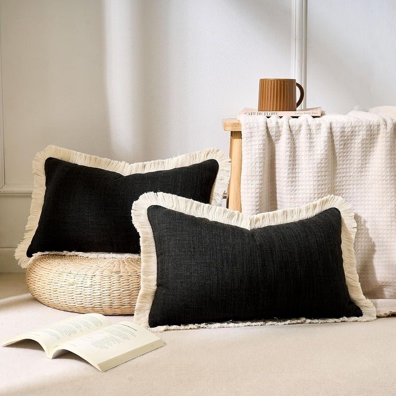 KWLET Decorative Lumbar Throw Pillow Cover 12x20 Boho Accent Pillowcase Farmhouse Cushion for Couch Sofa Bedroom Living Home Décor Black - Image 2