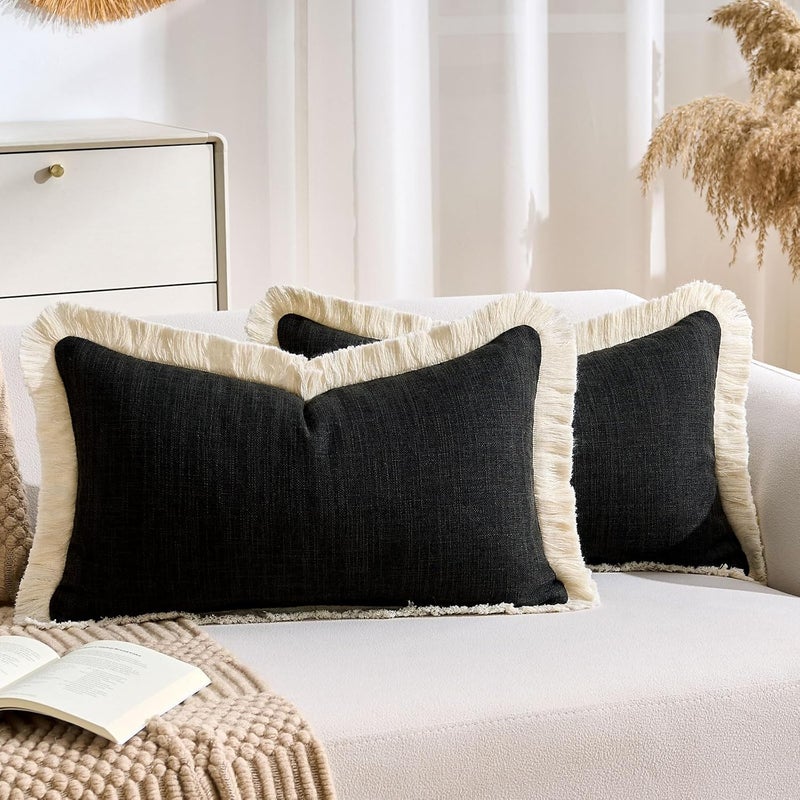 KWLET Decorative Lumbar Throw Pillow Cover 12x20 Boho Accent Pillowcase Farmhouse Cushion for Couch Sofa Bedroom Living Home Décor Black - Image 1