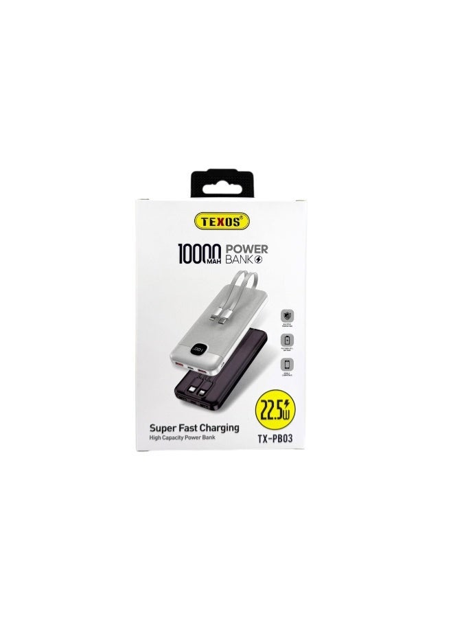 TEXOS PB-03 10000mAh 22.5W Super Fast Charging Power Bank with Built-in Cables - Image 1
