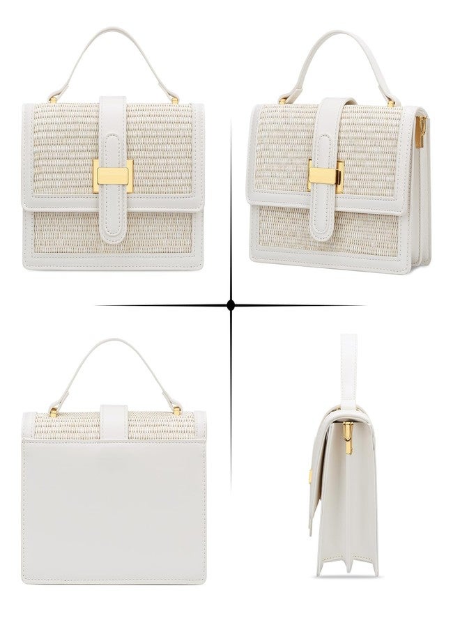 KKXIU Top Handle Straw Purse for Women, Summer Straw Crossbody Bag, Handbag Shoulder Clutch Beach Vacation Bag (A-White) - Image 4