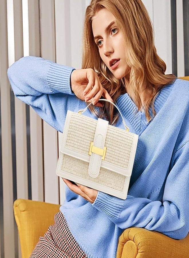 KKXIU Top Handle Straw Purse for Women, Summer Straw Crossbody Bag, Handbag Shoulder Clutch Beach Vacation Bag (A-White) - Image 2