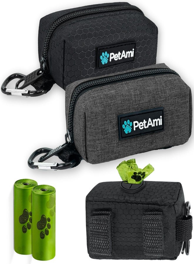 PetAmi Dog Poop Bag Holder for Leash Attachment, Doggie Zipper Pouch Soft Fabric Poop Bag Carrier, Dog Pet Waste Bag Dispenser with Carabiner Clip, 1 Roll of Dog Trash Bag (Black/Gray, 2 Pack) - Image 2