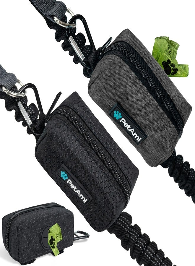 PetAmi Dog Poop Bag Holder for Leash Attachment, Doggie Zipper Pouch Soft Fabric Poop Bag Carrier, Dog Pet Waste Bag Dispenser with Carabiner Clip, 1 Roll of Dog Trash Bag (Black/Gray, 2 Pack) - Image 1