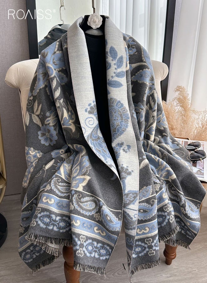 رويس شال هامشي نسائي، قابل للعكس بنمط طائر أزرق عتيق، وشاح دافئ من البوليستر السميك - إكسسوار أساسي لتدفئة الرقبة في الغرف المكيفة في الخريف/الشتاء - Image 1
