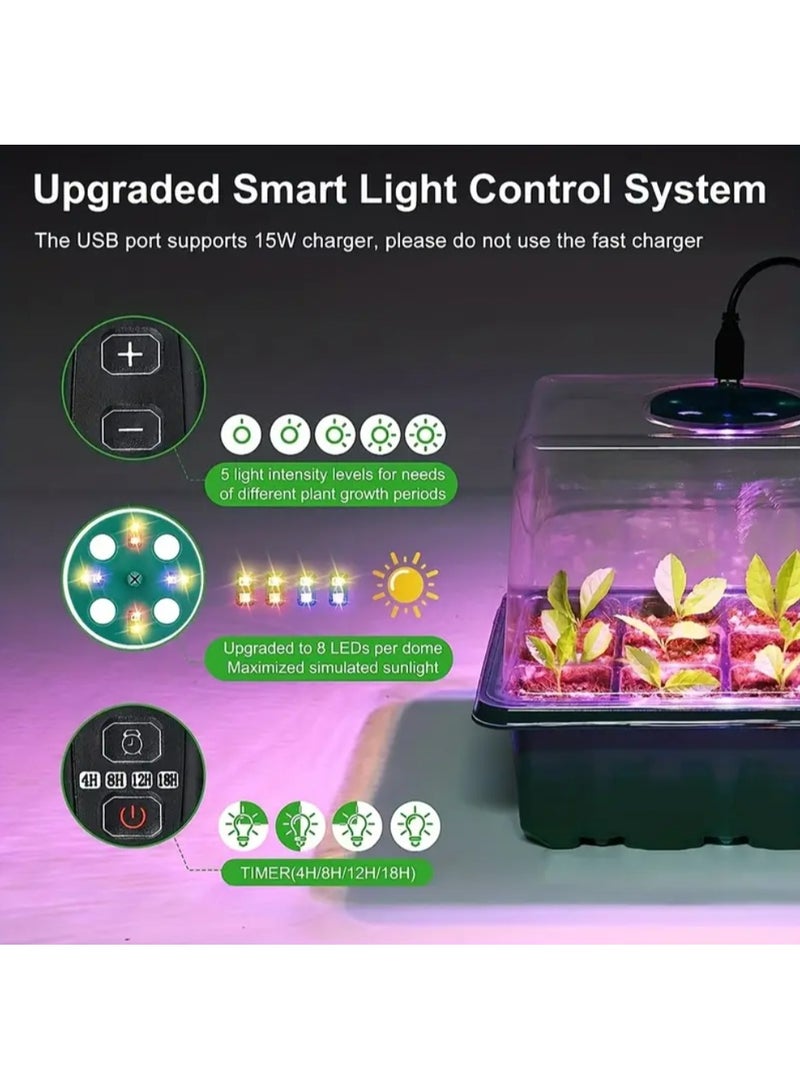 مجموعة متكاملة لزراعة البذور - عبوة من 4 صواني لزراعة الشتلات، وإضاءة زراعة كاملة الطيف، ووحدة تحكم في الوقت، وقبة رطوبة، وصواني آمنة للغسل في غسالة الأطباق! - مثالية لزراعة الخضراوات والفواكه المائية، والبستنة الداخلية | البستنة الحديثة | صواني البولي إيثيلين، ومجموعة إنبات النباتات. - Image 2