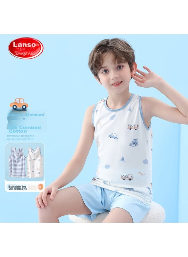 LANG SHA Langsha Children's Tank Top, Boys' Summer Thin Cotton Vest, Baby T-shirt Undershirt, 2-piece Set, White + Blue, Size 110 - Image 2