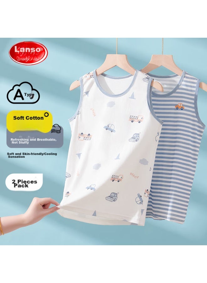 LANG SHA Langsha Children's Tank Top, Boys' Summer Thin Cotton Vest, Baby T-shirt Undershirt, 2-piece Set, White + Blue, Size 110 - Image 1