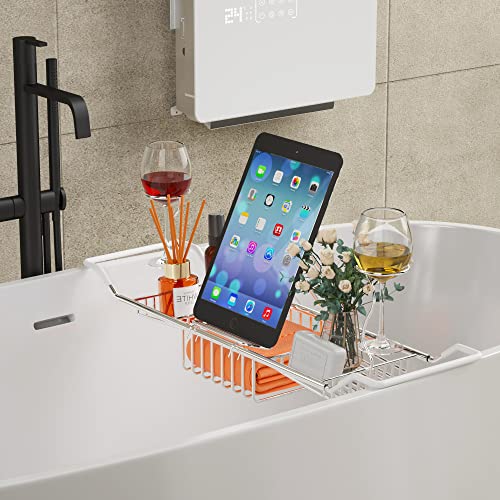 iPEGTOP Stainless Steel Bathtub Caddy Tray - Over Bath Tub Racks Shower Organizer with Extending Sides, Removable Wine Glass Book Holder - Image 3