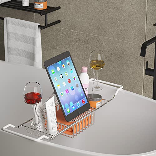 iPEGTOP Stainless Steel Bathtub Caddy Tray - Over Bath Tub Racks Shower Organizer with Extending Sides, Removable Wine Glass Book Holder - Image 2