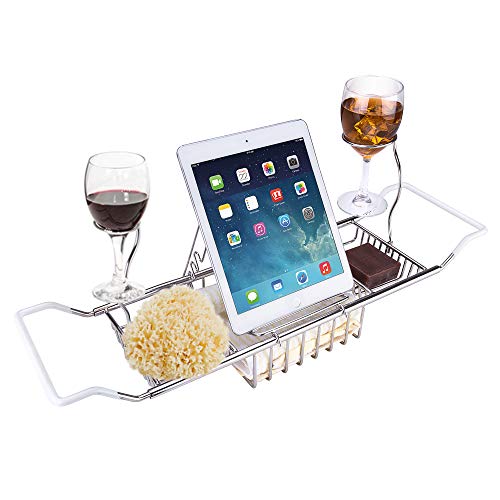 iPEGTOP Stainless Steel Bathtub Caddy Tray - Over Bath Tub Racks Shower Organizer with Extending Sides, Removable Wine Glass Book Holder - Image 1