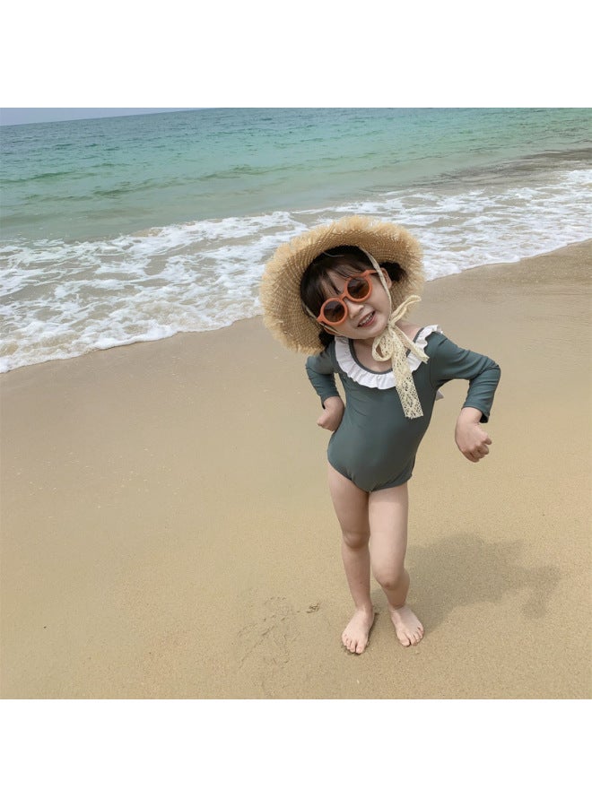 إسكدنيا ملابس سباحة للفتيات للوقاية من الشمس، ملابس سباحة أنيقة متباينة بياقة دمية للفتيات الصغيرات، قطعة واحدة بأكمام طويلة، خصر، قطعة واحدة لقضاء العطلات - اللون: ملابس سباحة 【ملابس سباحة للحماية من الشمس - Image 1