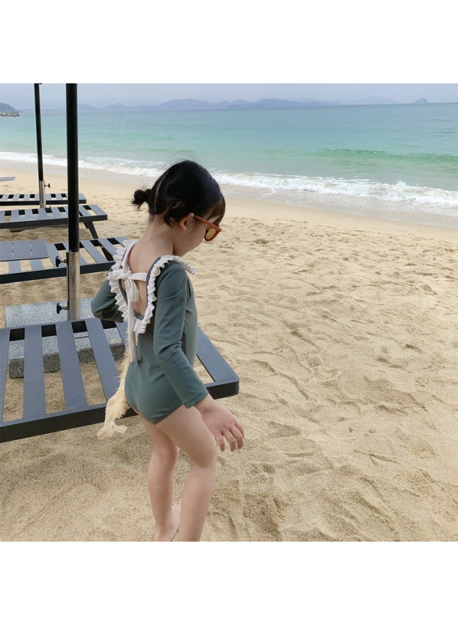 إسكدنيا ملابس سباحة للفتيات للوقاية من الشمس، ملابس سباحة أنيقة متباينة بياقة دمية للفتيات الصغيرات، قطعة واحدة بأكمام طويلة، خصر، قطعة واحدة لقضاء العطلات - اللون: ملابس سباحة 【ملابس سباحة للحماية من الشمس - Image 4