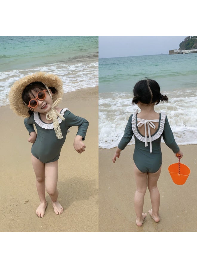 إسكدنيا ملابس سباحة للفتيات للوقاية من الشمس، ملابس سباحة أنيقة متباينة بياقة دمية للفتيات الصغيرات، قطعة واحدة بأكمام طويلة، خصر، قطعة واحدة لقضاء العطلات - اللون: ملابس سباحة 【ملابس سباحة للحماية من الشمس - Image 2