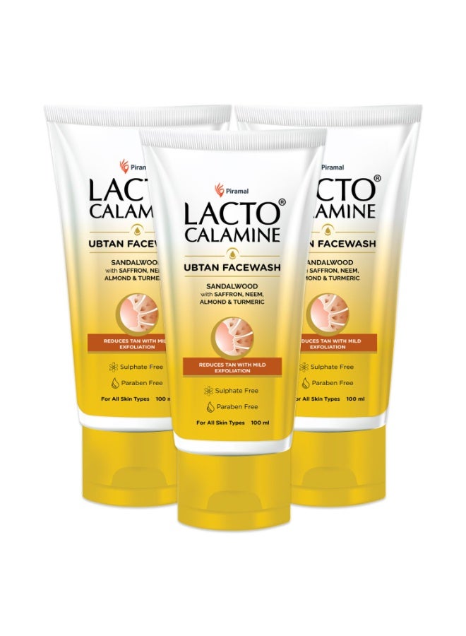 Lacto Calamine Ubtan Face Wash for Glowing Skin | Natural Face Wash with Sandalwood, Saffron, Neem, Almond & Turmeric |Exfoliating Facewash reduces Tan | Sulphate, Paraben Free | 100 ml Pack of 3 - Image 1