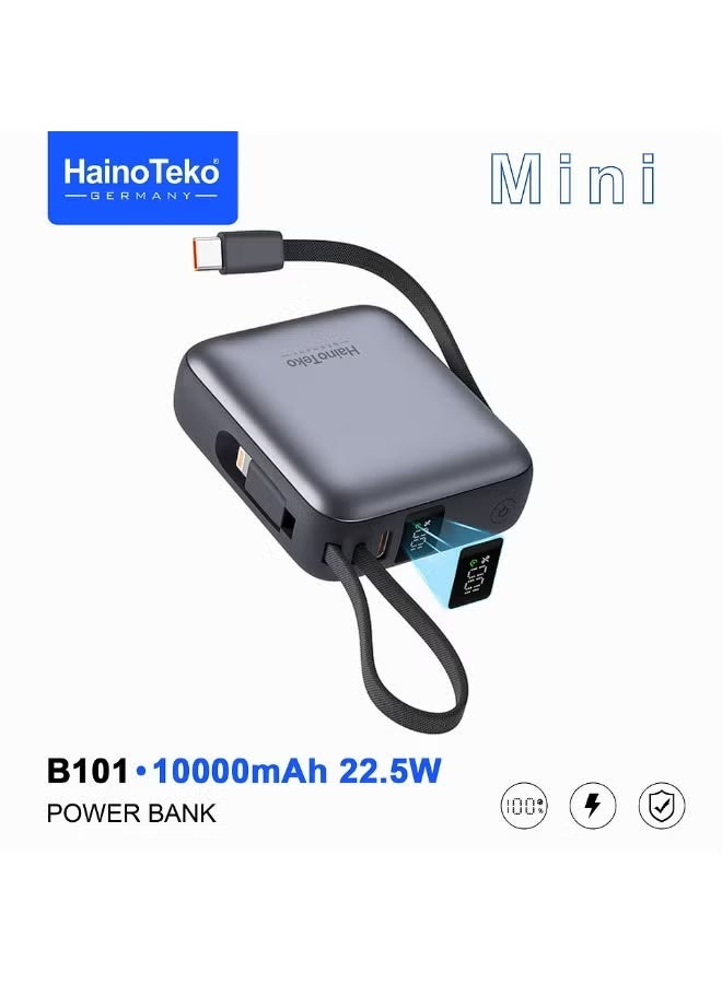 Haino Teko B101 Mini 10000mAh Power Bank in Black with 22.5W Fast Charging, Built-in Type-C & Lightning Cables, Compact and Travel-Friendly Design, Portable External Battery Charger for Smartphones, Tablets, and USB Devices, Perfect for Travel, Work, and Daily Use - Image 1