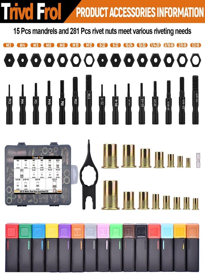 Trivd Frol 16" Rivet Nut Tool, Nutsert Rivet Nut Tool Kit with 15 Metric and SAE Mandrels, 281Pcs Rivet Nut Assortment Kit and Rugged Carrying Case - Image 2