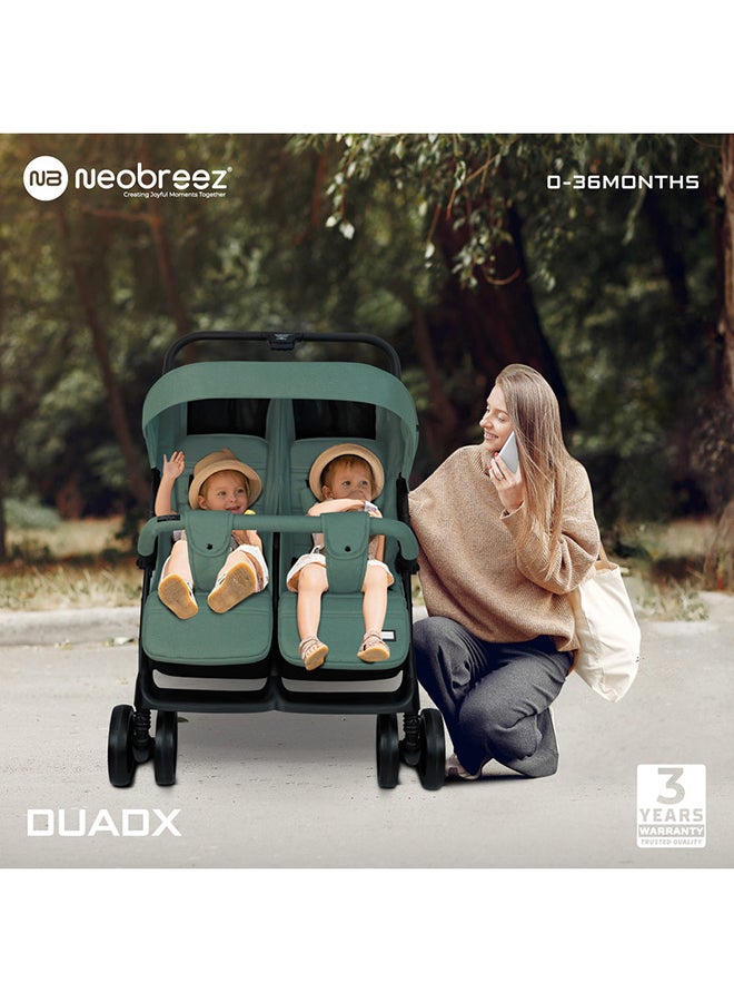DUADX Sibling/Twin/Double Side by Side Baby Toddler Stroller,  Compact Baby Trolley Pushchair, One-Hand Fold,  Waterproof UPF 50+ Canopy, 0-3yrs,  30kg, 3yrs Warranty